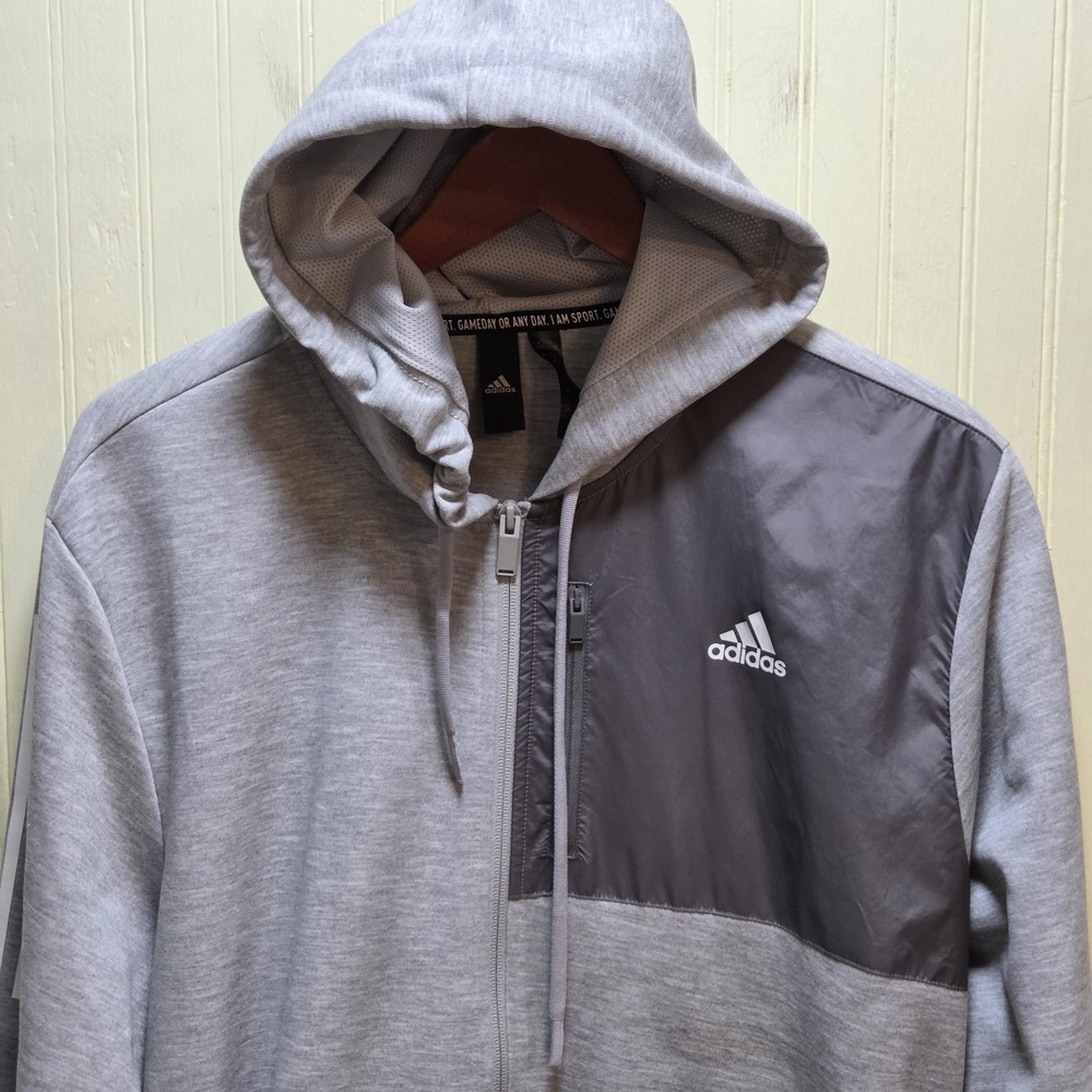 Adidas Jacket Mens XL Gray Hooded Full Zip Track Three Stripes Colorblock Sport